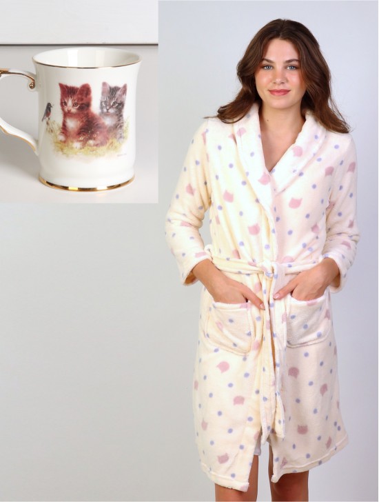 Cat Print Flannel House Robe W/ Pockets and Mug Set (M2639-CAT + HW1064)